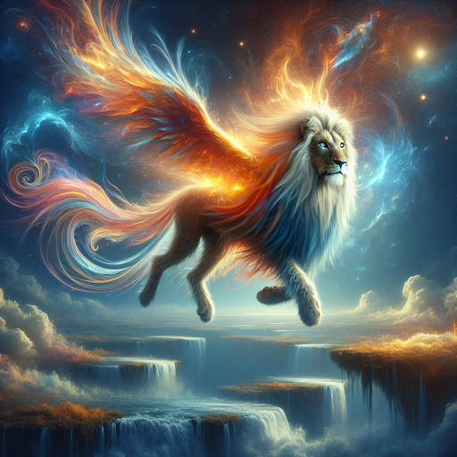 A portrait of a mystical creature, half lion and half phoenix, soaring through the skies with a regal and powerful presence. The creature's fur and feathers shimmer with a rainbow of colors, symbolizing its connection to both earth and fire elements. Its eyes gleam with ancient wisdom and its mane dances with ethereal flames, portraying a being of incredible beauty and strength. The backdrop is a magical landscape of floating islands and cascading waterfalls, adding to the sense of wonder and enchantment.