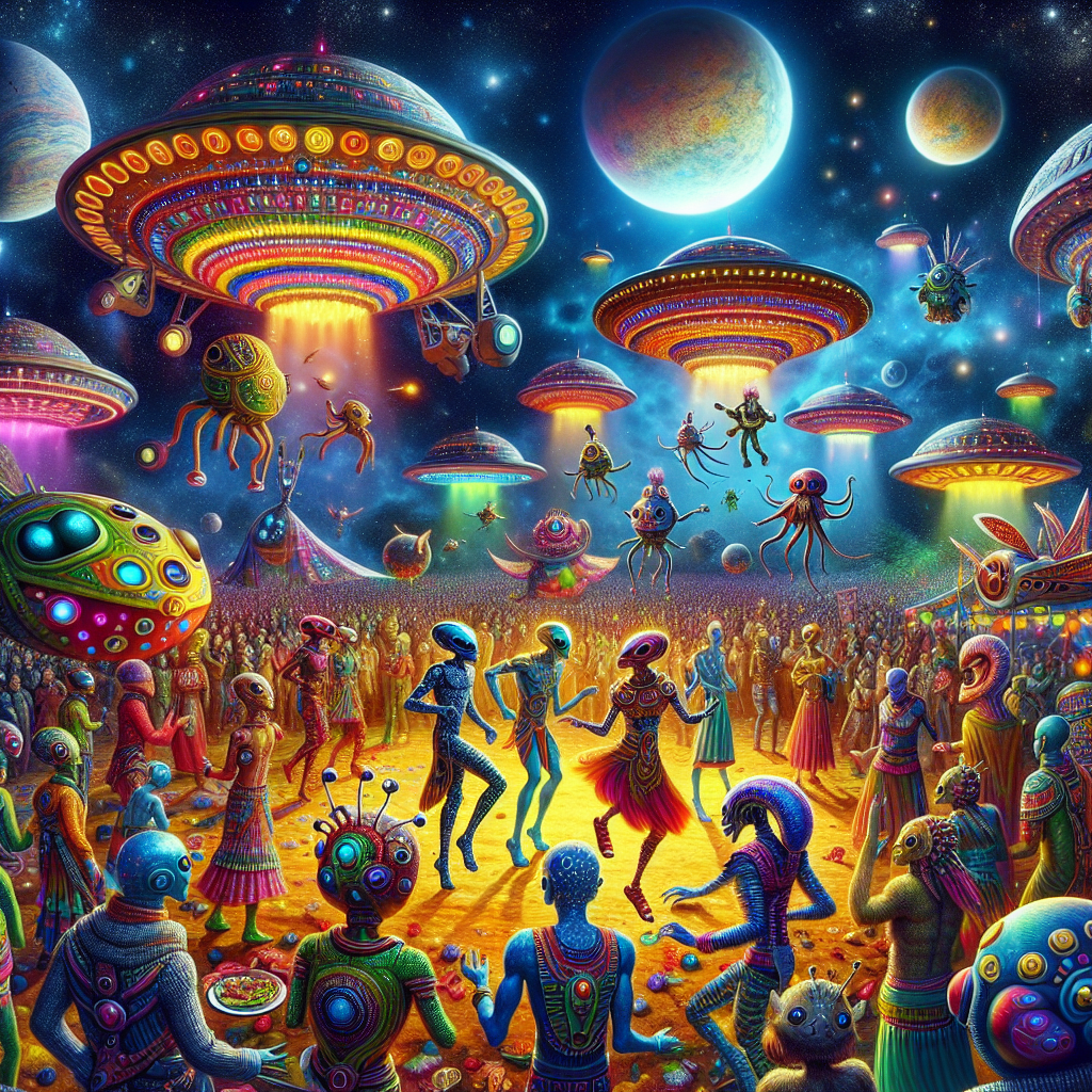 Imagine a cultural festival on a distant planet, where colorful alien creatures dance and celebrate under the glow of multiple moons. The air is filled with the sounds of strange music and the aroma of exotic foods, as spaceships from different galaxies hover overhead, showcasing their advanced technology and sharing stories of their adventures in space exploration. Amidst this otherworldly scene, a group of intergalactic animals with shimmering scales and wings join in the festivities, adding an element of mystique and wonder to this truly unique and unforgettable event. Illustrate this fantastical image, capturing the vibrant energy and diversity of this cosmic celebration.