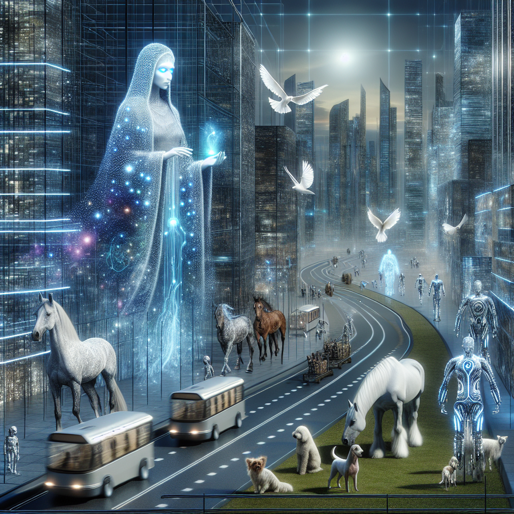 Create an image of a futuristic cityscape where animals and technologically advanced robots work alongside each other, all under the watchful eye of a tribe of ancient mystical beings.