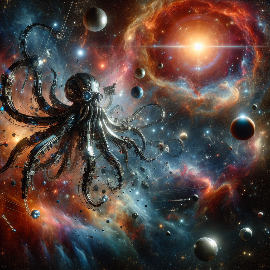 Create an image of a giant, robotic octopus floating through outer space, its tentacles reaching out to touch the stars and planets, all surrounded by a swirling galaxy of vibrant colors and abstract shapes.