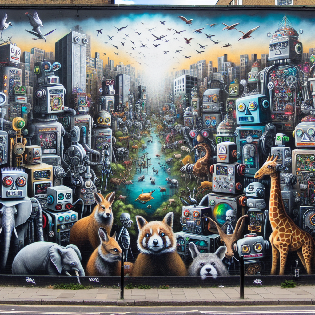 Create an image of a vibrant street art mural depicting a whimsical robot zoo, where robotic animals of all shapes and sizes roam freely in a colorful urban landscape.