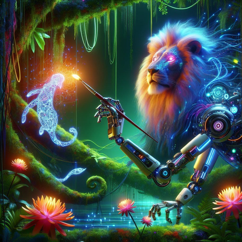 Create an image of a technologically advanced robot artist painting a vibrant portrait of a majestic lion in the midst of a futuristic jungle.