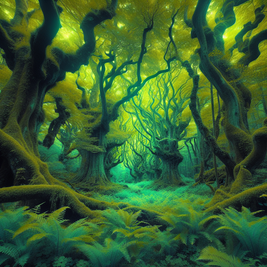 Create an image of a mystical, ancient forest bathed in ethereal infrared light, with gnarled, ancient trees reaching towards the sky and vibrant green plants glowing with otherworldly hues.