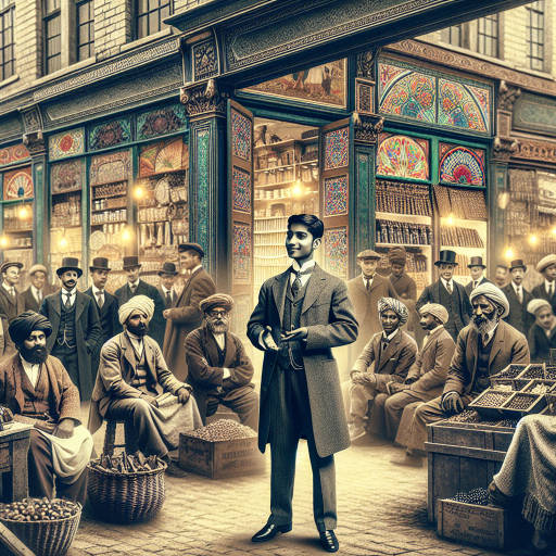 Imagine a bustling marketplace in the early 1900s, filled with traders selling goods from around the world. The storefronts are painted in vibrant colors, and the air is filled with the sounds of haggling and the smell of exotic spices. In the center of it all, a young entrepreneur in a dapper suit stands confidently, showcasing his innovative new product to a crowd of curious onlookers. Capture the dynamic energy and rich history of this old-fashioned business scene in your image.