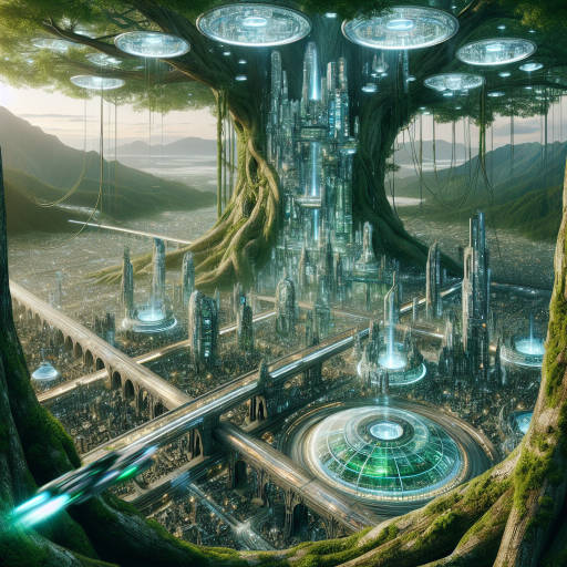 Create an image of a futuristic city built within the branches of a giant, ancient tree, where advanced scientific laboratories hover above bustling transportation hubs connected by high-tech bridges and tunnels.