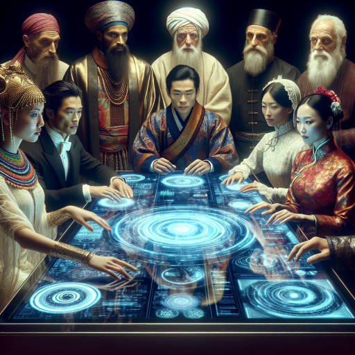 Create an image of a group of people from different time periods and cultures gathered around a futuristic holographic table, engaging in deep conversation and collaboration.