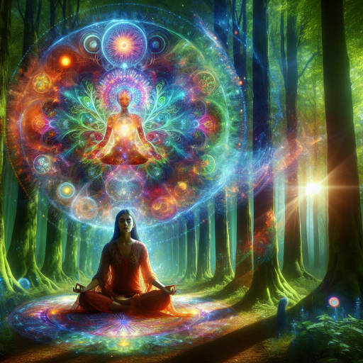 Create an image of a person peacefully meditating in a lush, enchanted forest, surrounded by a portrait of their inner self radiating with vibrant colors and glowing energy.