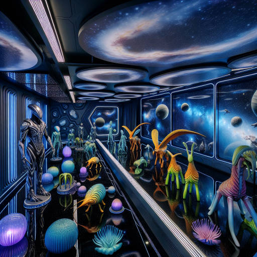 Create an image of a futuristic, space-themed interior design concept featuring a menagerie of colorful, alien-inspired animals roaming freely throughout the room.