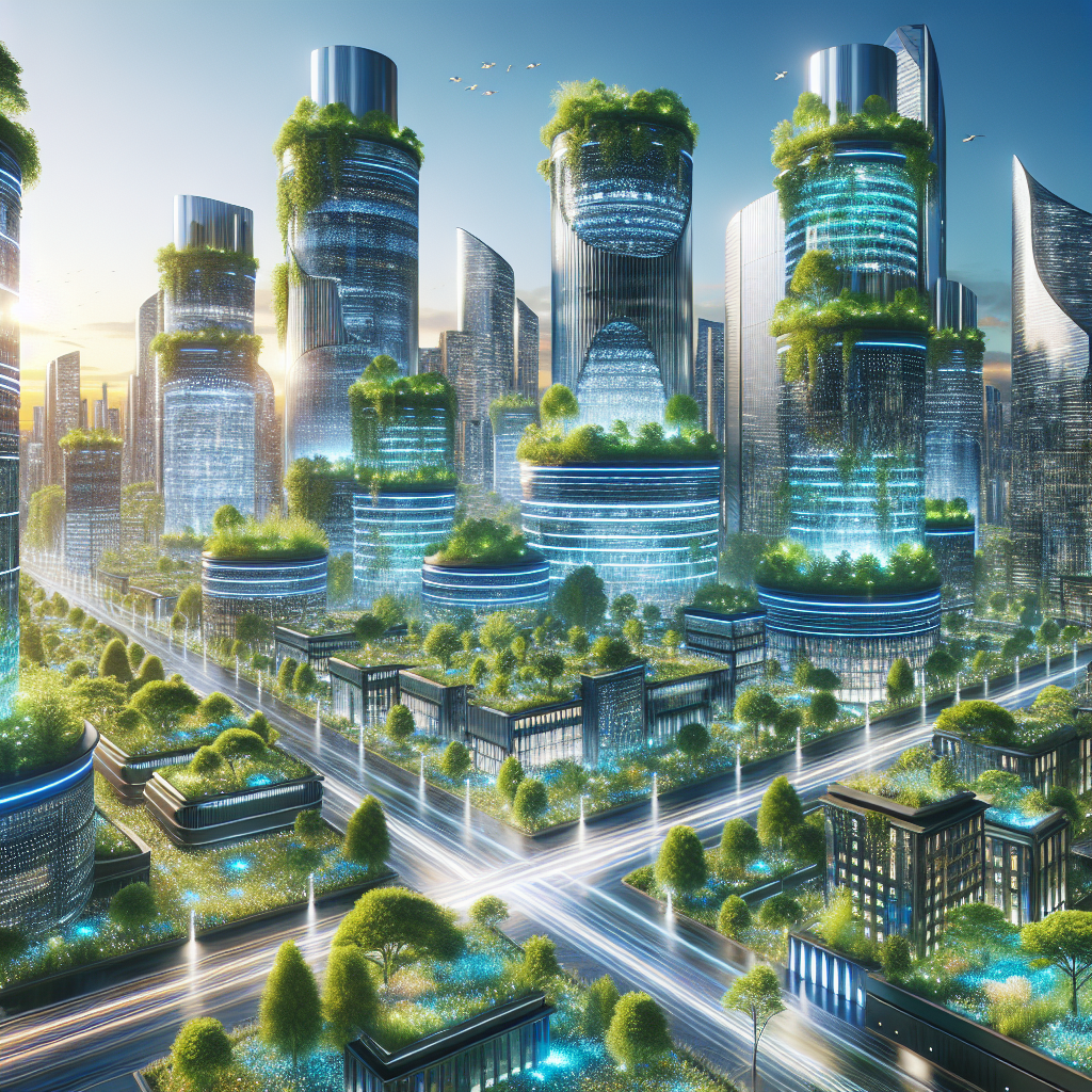 Create an image of a futuristic cityscape where vibrant, glowing plant life intertwines with sleek, advanced technological structures, creating a harmonious blend of nature and technics.