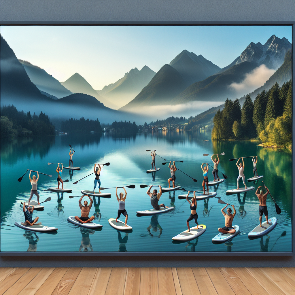 Imagine a serene lake surrounded by towering mountains, where a group of athletes are participating in a unique sport that combines stand-up paddleboarding with yoga. The athletes gracefully balance on their boards, striking yoga poses as they navigate the tranquil waters, creating a beautiful and harmonious blend of nature and sports. Capture this magical moment in an image that showcases the peaceful beauty and physical prowess of this one-of-a-kind outdoor activity.