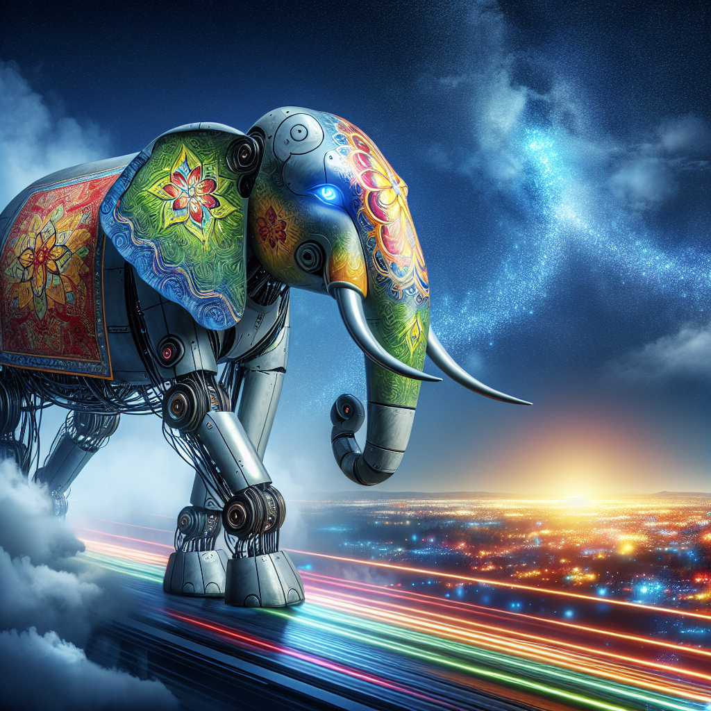 Create an image of a robotic elephant covered in colorful painted designs, roaming through a futuristic landscape filled with glowing neon lights and swirling clouds.