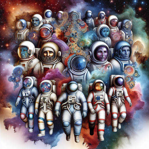 Create an image of a group of astronauts exploring a galaxy made entirely of colorful nebula clouds, with each astronaut wearing unique, futuristic space suits inspired by ancient Greek mythology.