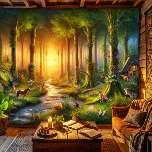 Nature: A serene forest landscape with towering trees and a gentle stream flowing through the center, bathed in the golden light of sunset. 

People: A group of mystical woodland creatures, such as fairies, elves, and unicorns, frolicking in the clearing of the forest.

Interior design: Inside a cozy cabin nestled in the heart of the forest, the walls are decorated with intricate tapestries woven with images of the natural world, and the furniture is made from reclaimed wood and adorned with lush green plants.