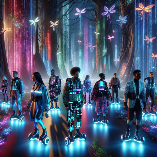 Create an image of a group of people dressed in futuristic clothing, traveling through a magical forest on hoverboards.