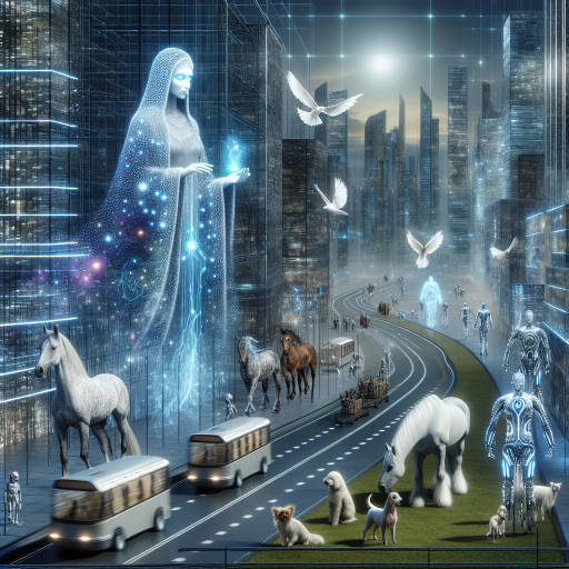 Create an image of a futuristic cityscape where animals and technologically advanced robots work alongside each other, all under the watchful eye of a tribe of ancient mystical beings.