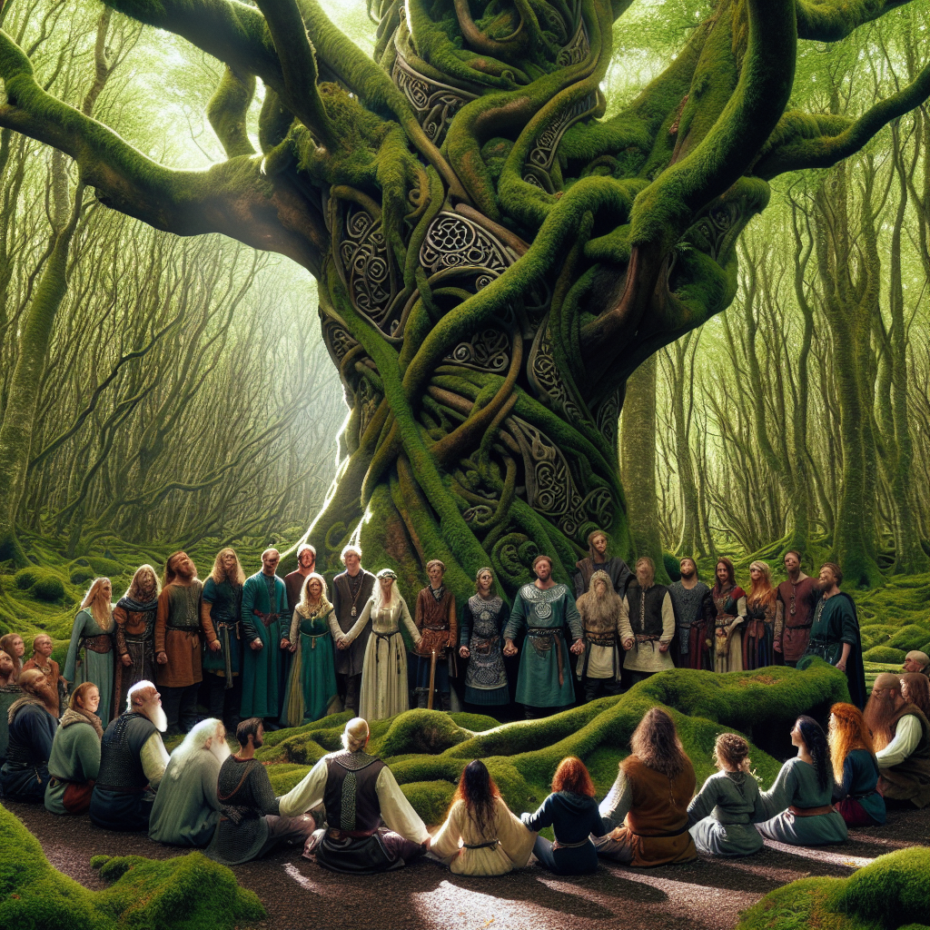 Create an image of a group of people dressed in historically accurate Viking attire, gathered around a mystical tree in a serene forest setting, with the tree glowing with otherworldly light, symbolizing the powerful connection between nature and ancient traditions.