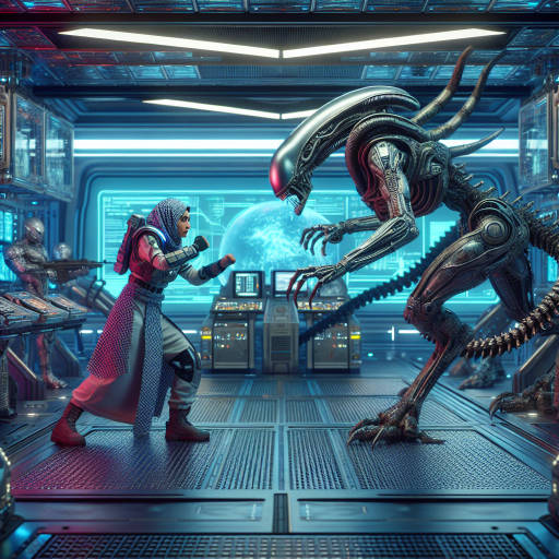 A brave scientist in a high-tech exosuit battles against a giant alien creature in a futuristic laboratory filled with advanced technological equipment.