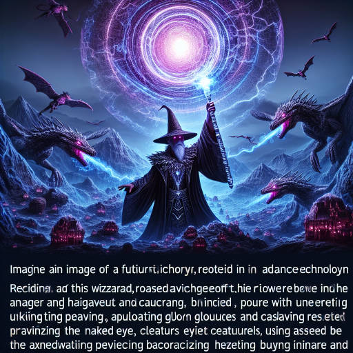 Create an imaginative image of a wizard using futuristic technics to harness the power of infrared photography, capturing a hidden realm of mystical creatures and glowing energy sources.