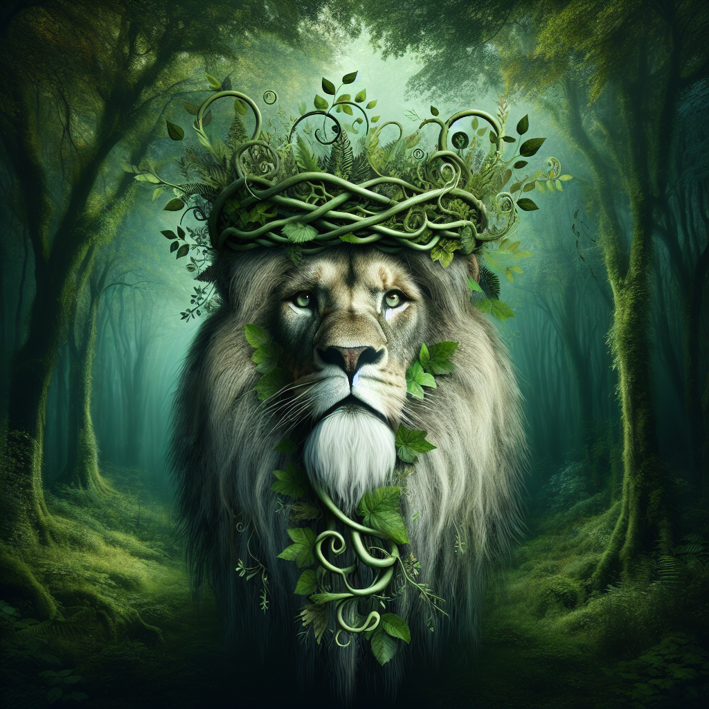 Create an image of a majestic lion with the face of a wise old man, wearing a crown made of flowing vines and leaves in a mystical forest setting.