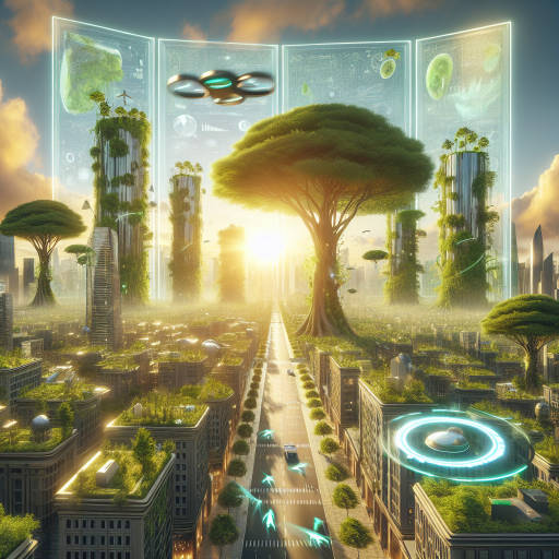 Imagine a futuristic city where towering trees and lush greenery have been integrated seamlessly into the urban landscape, with advanced technology allowing for automated tree care and maintenance. In the background, a massive glass dome protects the city from natural disasters, while sleek hovercrafts zoom past skyscrapers covered in vibrant plant life. The sun shines brightly overhead, casting a golden glow on the bustling streets below.