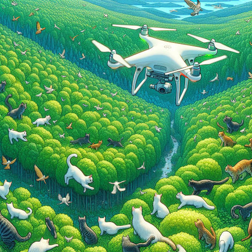 Imagine a playful group of cats soaring through a lush, vibrant forest on a drone's back, capturing the beauty of nature from a unique and whimsical perspective.