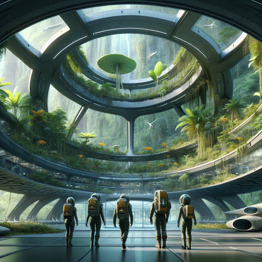 Imagine a futuristic space station built within a lush, sprawling jungle on an alien planet. The interior design features sleek, modern architecture blending seamlessly with the natural surroundings, with large glass windows offering stunning views of exotic flora and fauna. A team of intergalactic explorers venture out from the station to discover the secrets of this vibrant, otherworldly ecosystem.