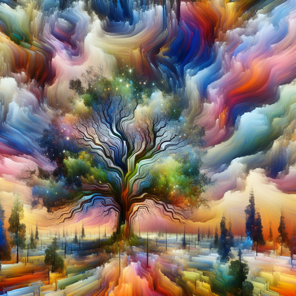 Imagine a towering tree with branches that twist and turn like a surreal labyrinth, its leaves are a mesmerizing blend of vibrant colors that seem to dance in the wind. The sky above is a swirling canvas of abstract shapes and colors, creating a magical and ethereal atmosphere. Capture this breathtaking and otherworldly scene in your artwork, combining elements of nature, surrealism, and abstract art to create a truly unique and captivating image.