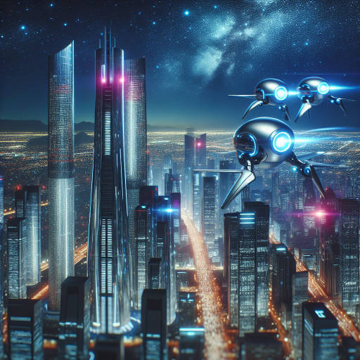 Imagine a futuristic cityscape with towering skyscrapers reaching into a galaxy-filled sky, where sleek and advanced robots are soaring through the air, their metallic bodies reflecting the shimmering lights of the city below. The robots are equipped with cutting-edge technology, seamlessly blending into the bustling metropolis as they carry out their tasks in perfect harmony with the urban landscape.