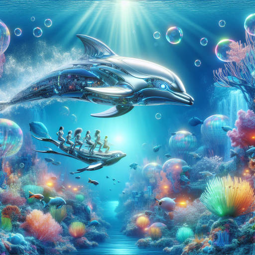 Create an image of a futuristic robot dolphin transporting passengers through an enchanting underwater wonderland filled with glowing coral reefs and fantastical sea creatures.