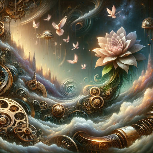 Combine the intricacies of clockwork machinery with the beauty of a blooming flower in a fantastical landscape where gravity seems to shift and swirl.