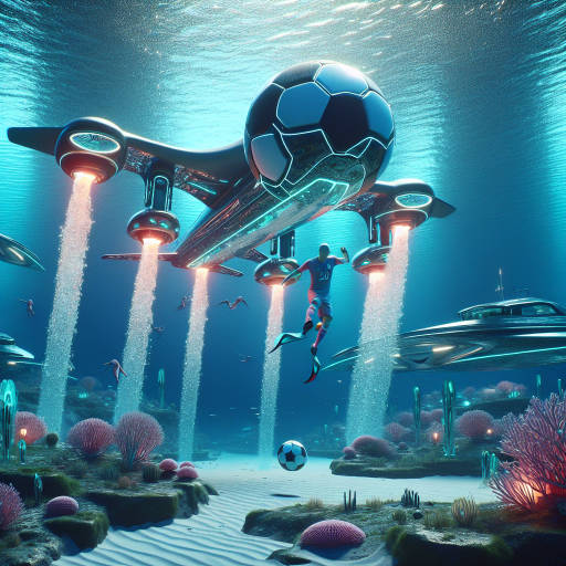 A futuristic transport vehicle designed for a high-speed underwater soccer match, where players have wings instead of legs and the ball is made of liquid mercury. The surreal landscape surrounding them includes floating islands made of glass and neon-colored coral that glows in the dark.