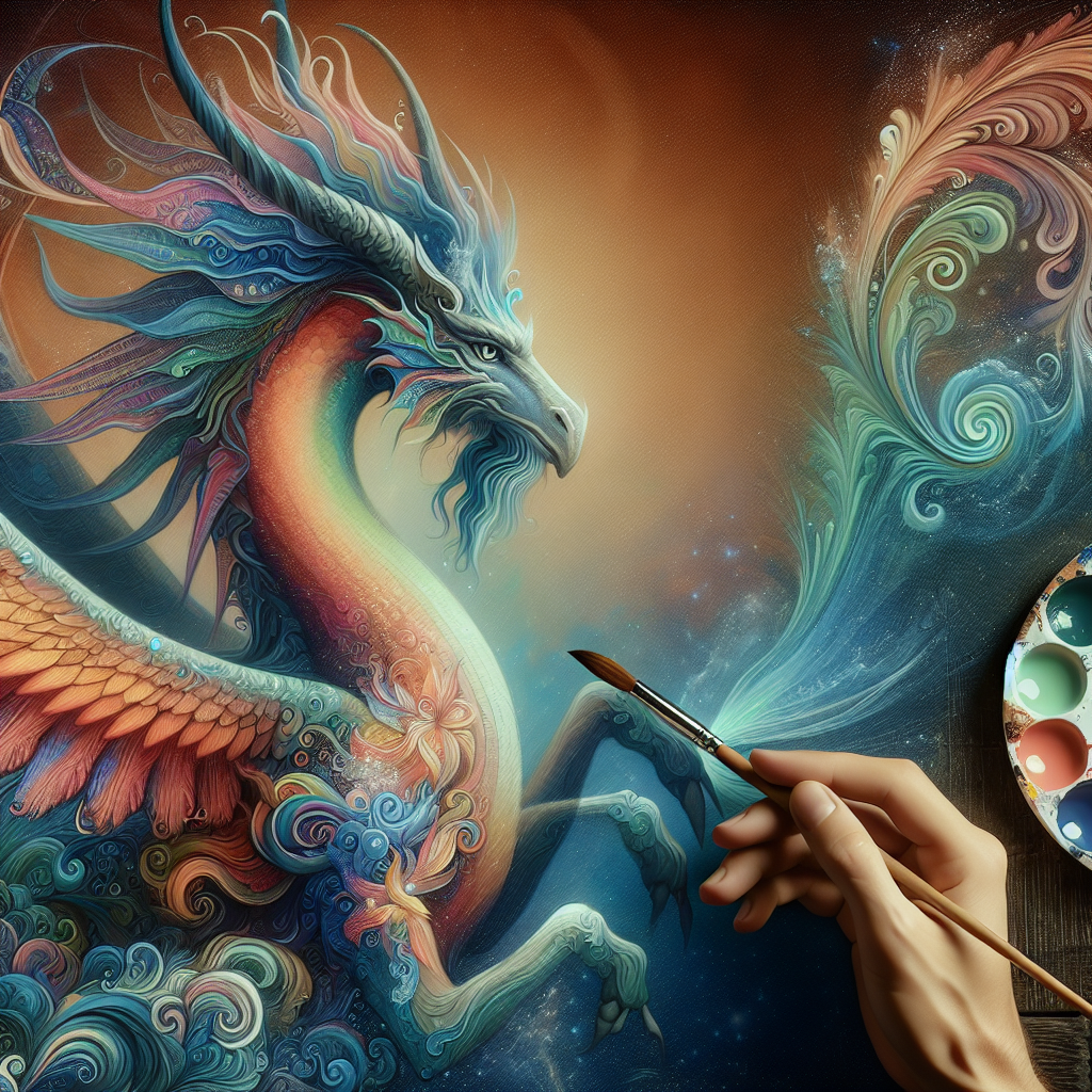 Create an image of a mythical creature using advanced technics and intricate painting techniques, blending elements of fantasy and mythology to bring to life a truly unique and captivating being.