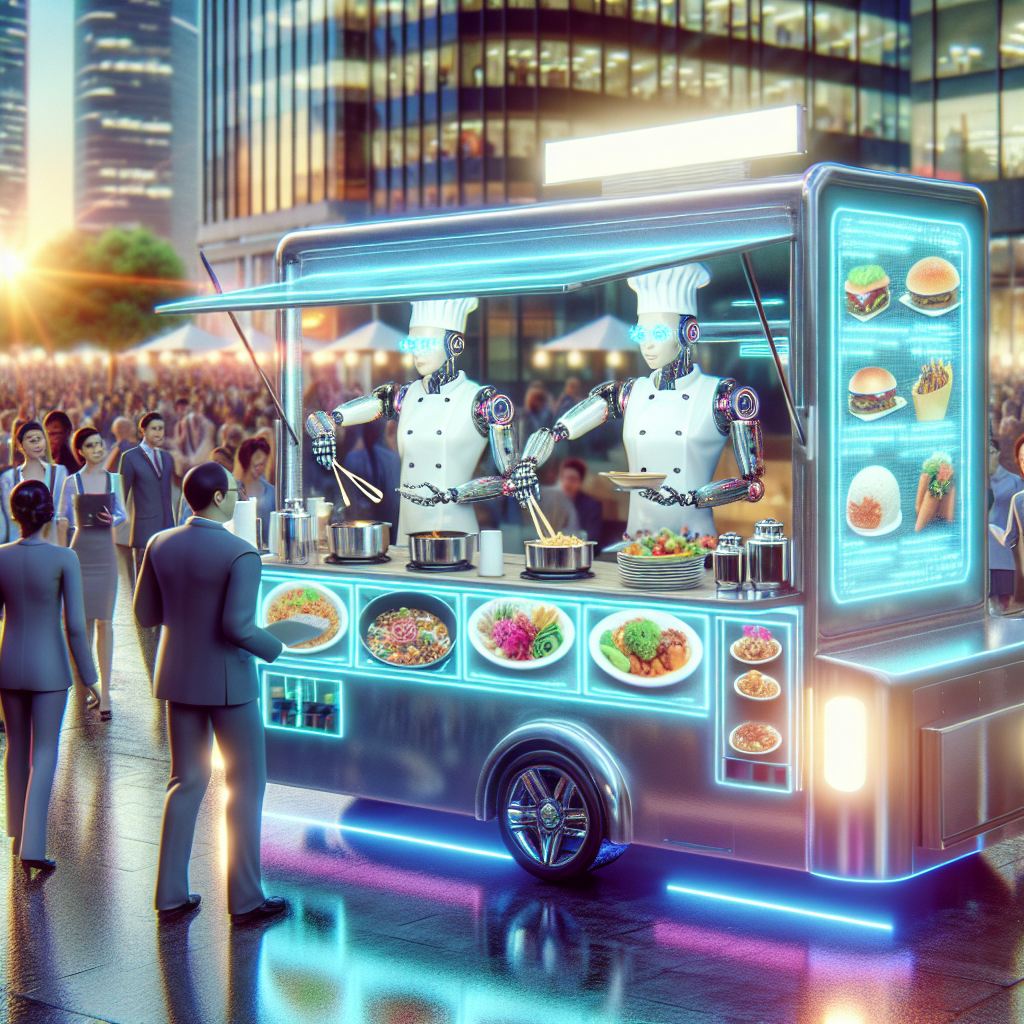 Create an image of a futuristic food truck equipped with holographic menus and robotic chefs, serving innovative dishes inspired by international cuisines in bustling business district.