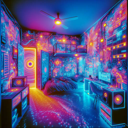 Create an image of a futuristic apartment with bold and vibrant street art-inspired murals on the walls, illuminated with a dreamy infrared filter that transforms the space into a surreal and otherworldly environment.