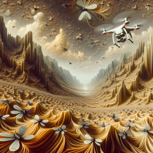 Imagine a surreal world where tiny insects with intricate patterns cover the surface of an otherworldly landscape, while a massive drone hovers overhead, capturing the scene from above. The juxtaposition of the minuscule and the massive creates a visually stunning and thought-provoking image that blurs the lines between reality and fantasy. Capture this mesmerizing moment in a unique and captivating way, combining the elements of macro photography and drone photography to create a truly one-of-a-kind piece of art.