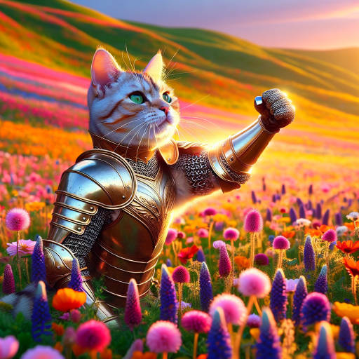 Imagine a brave and valiant cat, adorned in shining armor, standing triumphantly in a field of vibrant wildflowers, captured in stunning macro photography detail.