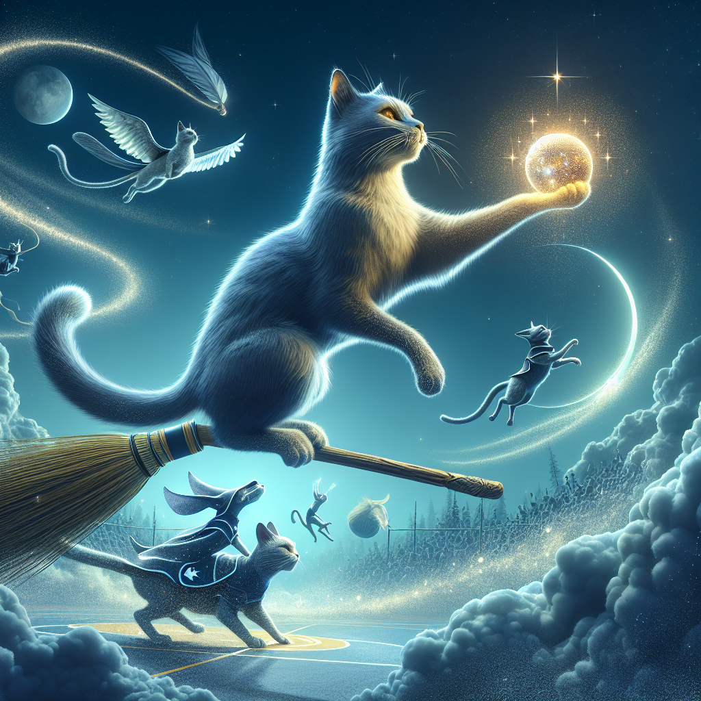 Imagine a world where cats have magical abilities and compete in an enchanted sporting event known as the Wizard's Cup. Create an image of a majestic wizard cat gracefully soaring through the air on a broomstick, catching a golden snitch with their whiskers as they race against other feline athletes. Capture the excitement and enchantment of this unique and fantastical competition in your artwork.