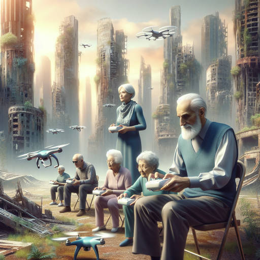 Imagine a scene from a futuristic world where elderly people are flying drones to explore the ruins of a once thriving metropolis. Capture the juxtaposition of old age and cutting-edge technology in a single, captivating image.