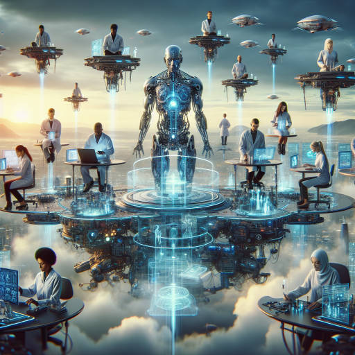 In a futuristic world where humans have merged with technology, imagine a group of cyborg scientists conducting experiments on a floating island in the sky, surrounded by holographic displays and robotic assistants.