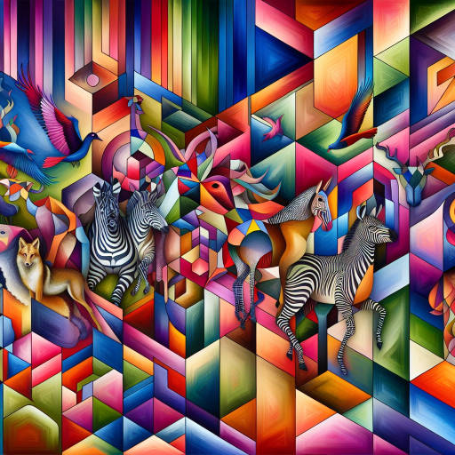 Create an abstract image that combines elements of optical illusions and wildlife, bringing together vibrant colors, geometric shapes, and animals in a surreal and dreamlike composition. Let your imagination run wild as you mix and match these diverse elements to create a visually stunning and thought-provoking piece of art.