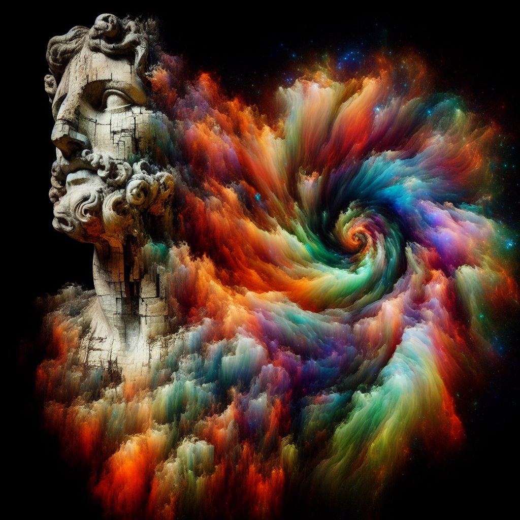 Create an image of an ancient, crumbling statue morphing into a swirling vortex of vibrant colors, symbolizing the passage of time and the ever-changing nature of existence.