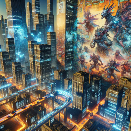 Imagine a futuristic cityscape with towering skyscrapers covered in vibrant and intricate street art murals, depicting epic battles between mythical creatures and futuristic warriors. The streets below are bustling with hover cars and neon lights, creating a dynamic and visually stunning scene that captures the essence of a modern metropolis transformed into a living work of art.