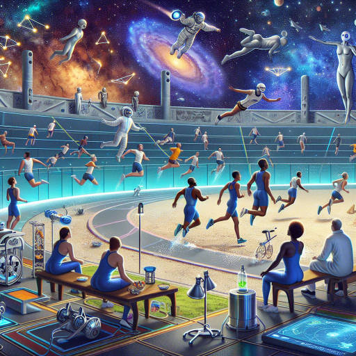 An image of an ancient, futuristic sports arena where athletes compete in gravity-defying zero-gravity races while studying the effects of interstellar travel on the human body.