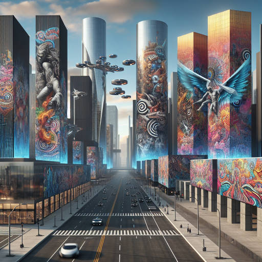 Imagine a futuristic cityscape where larger-than-life graffiti murals of ancient mythical creatures and abstract geometric shapes cover every building, creating a surreal and epic landscape.