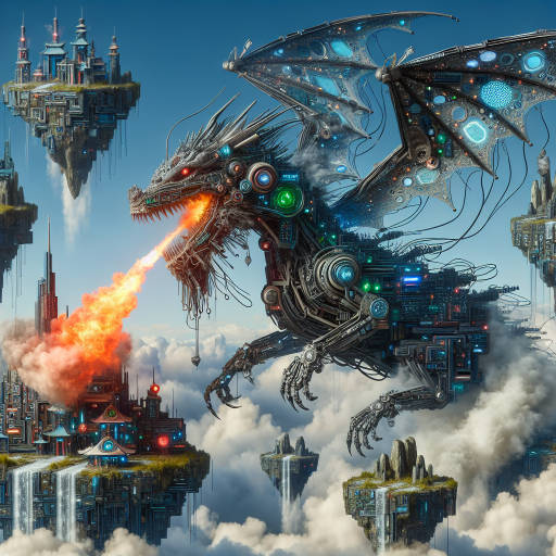 Create an image of a colossal mechanical dragon soaring through a sky filled with floating islands, each one featuring bizarre and surreal structures. The dragon's body is intricately covered in glowing circuitry, with steam pouring from its metallic jaws as it breathes fire made of neon lights. This epic scene seamlessly combines elements of technology and surreal art, leaving viewers in awe of the fantastical world they are witnessing.