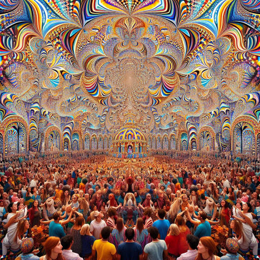 Create an image of an epic cultural festival where optical illusions come to life, with vibrant colors and patterns intertwining to create a mesmerizing and surreal experience for all who attend.