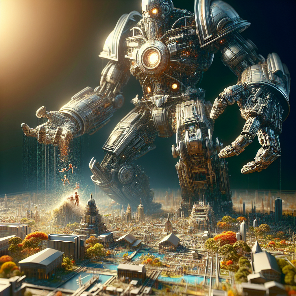 Imagine a towering robot in the midst of a sprawling macro world, where every tiny detail is magnified to epic proportions. The robot's metal limbs are intricately detailed with miniature landscapes and tiny creatures, creating a stunning juxtaposition of scale and grandeur. The scene is bathed in the golden light of a setting sun, casting long shadows and highlighting the vastness of the robot's presence in this microscopic world.