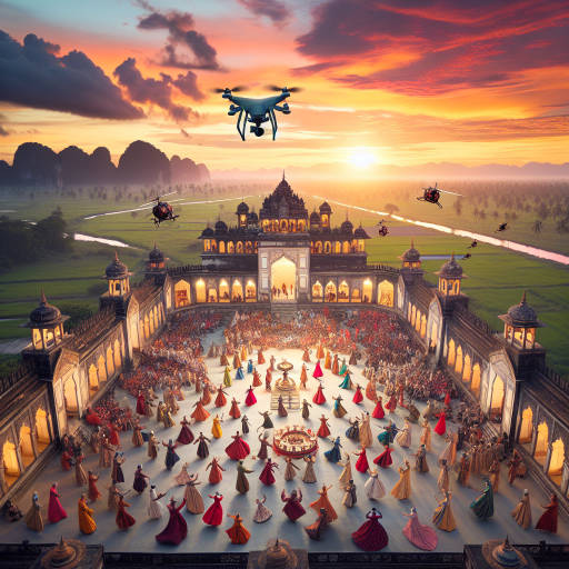 Imagine a stunning aerial shot taken by a drone high in the sky, capturing a historical reenactment below. The scene unfolds with actors dressed in elaborate period costumes, participating in a battle or festival against the backdrop of a breathtaking sunset sky. Let your creativity soar as you visualize this unique and captivating image.