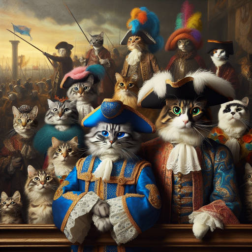 Imagine a historical reenactment where cats and various wildlife are dressed in elaborate costumes from different eras, coming together to recreate a fantastical scene from the past. What unlikely alliances and friendships would form between these creatures as they bring history to life in a whole new way? Capture this unique moment in a whimsical and visually striking image.