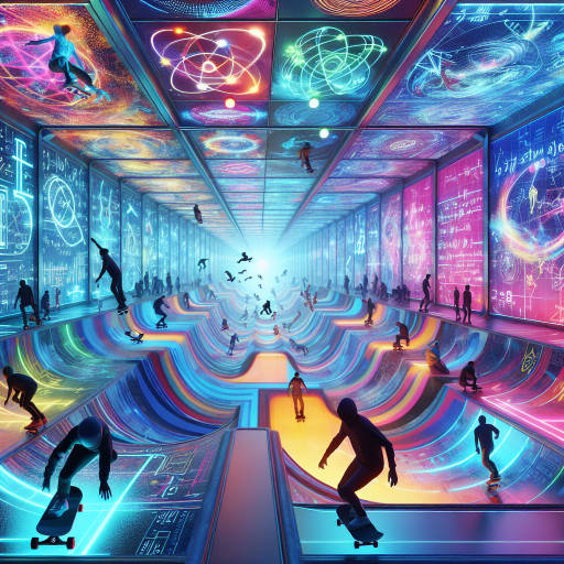 Create an image of a futuristic skateboard park filled with colorful graffiti murals depicting scientific equations and theories, where skateboarders glide effortlessly through anti-gravity tunnels and perform gravity-defying tricks.